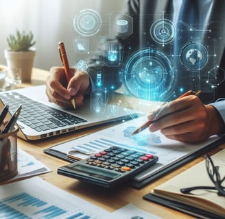 a man in a suit and tie is sitting at a desk with a calcula