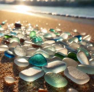 Sea glass scattered on a sandy beach