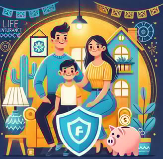 Ilustración de una familia mexicana feliz en un hogar seguro, destacando los beneficios de un seguro