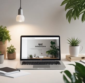 A modern and minimalist workspace featuring a laptop on a clean white desk, surrounded by Plants