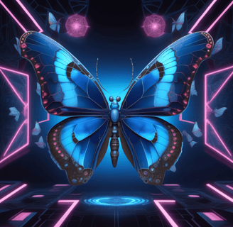 Blue Butterfly with symbols, lines and butterflies
