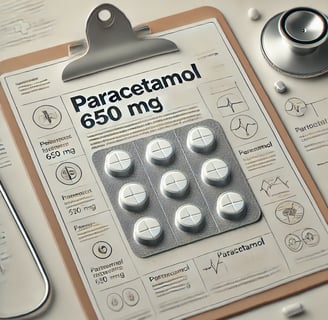 "Blister pack of Paracetamol 650 mg tablets on a medical-themed background with a stethoscope and clipboard,