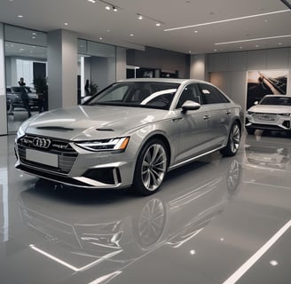 a silver audi is parked in a showroom