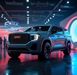 a blue gmc truck with a large wheel and a large wheel