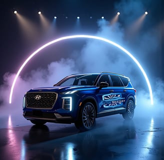 a blue suv with a bright blue light coming out of the front