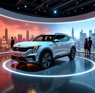 a white suv is shown in a showroom