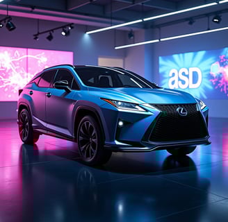 a blue car is shown in a showroom