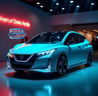 a blue car is shown in a showroom