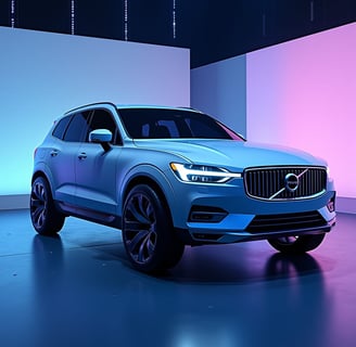 a blue volvo suv parked in a garage