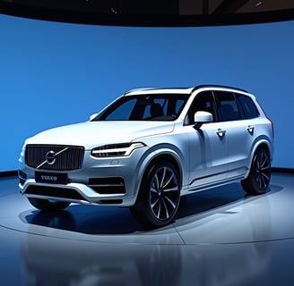 a white volvo suv parked in a showroom