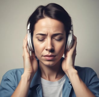 a woman with headphones on suffering from tinnitus