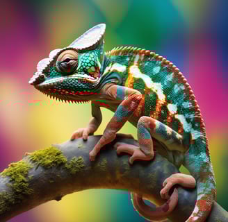 High-resolution image of a chameleon mid-color change, showcasing its textured skin against a kaleid
