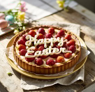 Baked strawberry tart with vanilla cream filling, topped with whole strawberries and white chocolate