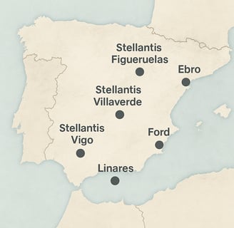 Vista aérea de una fábrica de vehículos en España con coches alineados en producción