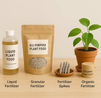 Four types of plant fertilizer—liquid, granular, spikes, and organic—displayed beside a potted plant