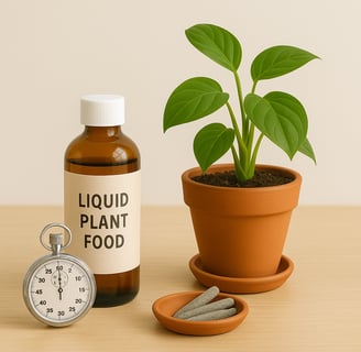 Potted houseplant with stopwatch, liquid plant food bottle, and fertilizer spikes on wood surface.