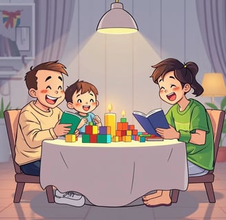 "Pais e filhos brincando juntos com brinquedos educativos que estimulam o aprendizado lúdico e forta