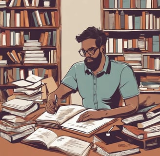 a man sitting at a table with a book and a pen