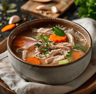 a bowl of soup with chicken and vegetables