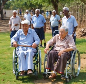 a man in a wheelchair with a cane cane and a woman in a wheelchair