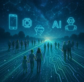 Uma estrada futurística iluminada que se estende pelo horizonte, mesclando elementos digitais