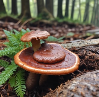 A large brown mushroom is growing amidst green grass and foliage. The surrounding vegetation appears lush, with long blades of grass partially obscuring the mushroom, creating a natural setting.
