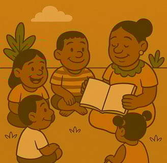 Ilustração de mulher lendo livro para um grupo de cinco crianças sentadas ao seu redor