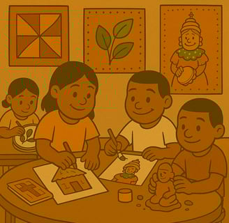 Crianças desenham em sala decorada com símbolos quilombolas e imagens culturais