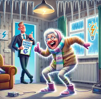 a smug executive in a suit and an elderly woman exercising at home