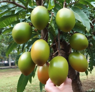 a bunch of mangoes hanging on a mango-tree