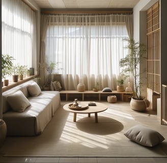 Small Japandi space with large windows dressed in sheer curtains