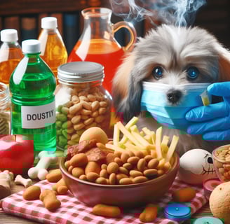 Illustration of foods harmful to dogs, warning about toxic substances and promoting pet safety."