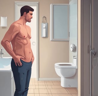 Un hombre en el baño con dolor porque no puede ir al baño y molestias