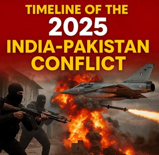 Timeline of the 2025 India-Pakistan conflict showing masked gunmen, fiery explosions, and an Indian 