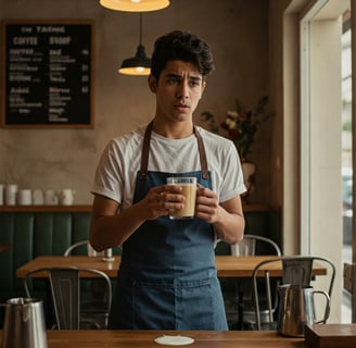 a man in a apron and aprons holding a cup of coffee