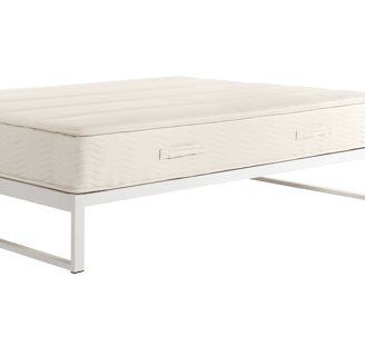 white bedframe with a cream mattress on top