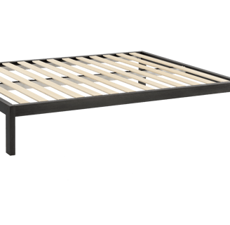 a black bedframe with wooden slats and center piece for additional support