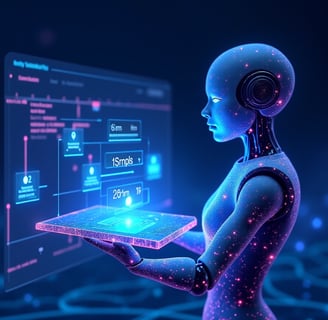 a robot with headphones and a laptop
