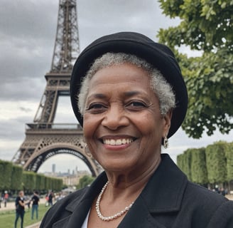 A beautiful older black woman in front of the Eiffel Tower