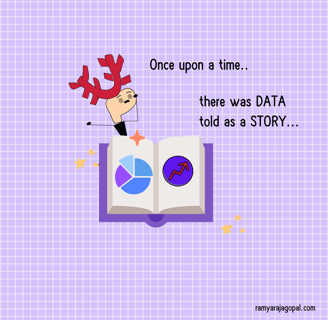 Illustration of a person overwhelmed by data, discovering data storytelling