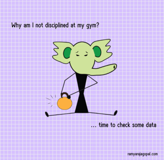 Illustration of a person analyzing their fitness data, questioning workout discipline & consistency