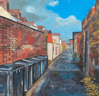 A painting of an alleyway in Belfast, red brick, wheelie bins and weeds