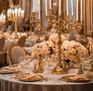 Mariage glamour tables dorées, bougeoirs, rideaux en velours, assiettes brillantes
