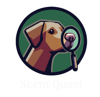 logo for scent quest showing a brown dog with a magnifying glass on it's nose