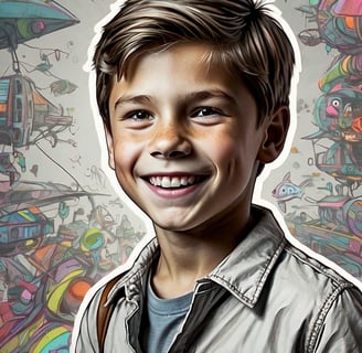Portrait photo transformed into a comic painting of  a boy with a backpack and a backpack