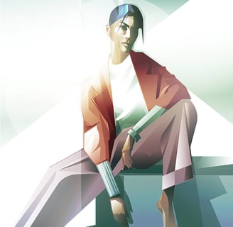 Geometric illustration of seated figure with abstract background and modern editorial style.
