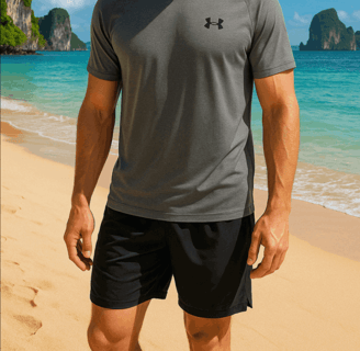 a man in a gray shirt and black Aolesy gym shorts on a beach