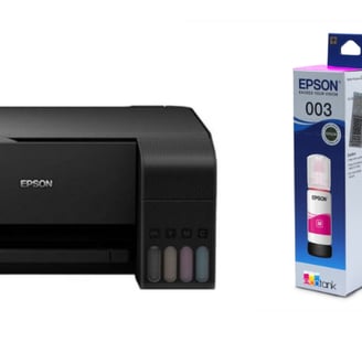 Epson L3110 placed on a desk in a home office, emphasizing its compact design.