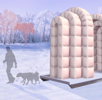 an arched temporary shelter set on a sled
