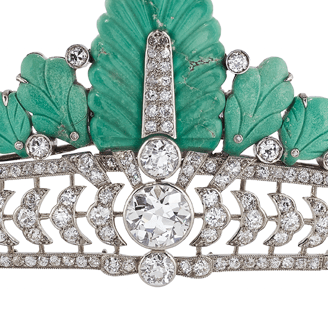Close-up of turquoise and diamond centrepiece of Nancy Astor’s Cartier tiara.